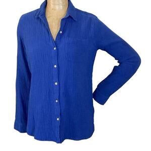 Anne Klein Lucille Button- Down Roll Tab Shirt Gauze szM Blue